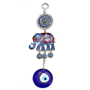 Lucky Eye Alloy Elephant Glass Blue Turkish Evil Eye Pendant Charm Wall Hanging Decorations for Home Living Room Car BE230