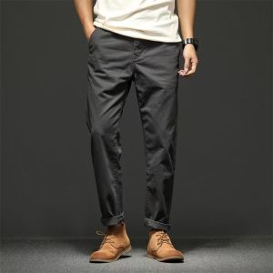 Washed Cotton Casual Pants Mens Spring Autumn New Style Pure Color Daily Commute Nine Points Casual Trousers Loose Fit Workwear