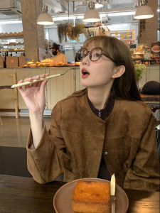 imimtuan | Áo Blouse Da Cừu Vintage Màu Đỏ Mahogany cho Phụ Nữ