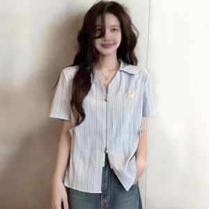 Plus Size Slimming Design Polo Collar Striped Short Sleeve Blouse