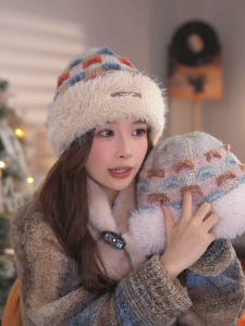 Handmade Thickened Knitted Hat Womens Autumn Winter Warm Fleece Double Layered Knitted Cap Geometric Pattern No Brand Registered