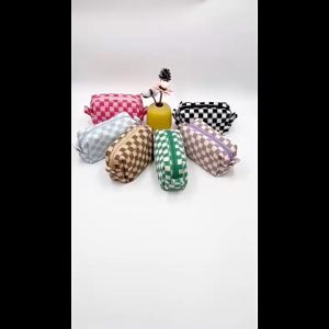 O-KAY Checkerboard Knitted Cosmetic Cases For Women Ladies Large Capacity Lattice Makeup Bags Plaid Beauty Organizer Pouch