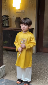 Set áo dài bé trai kèm quần chất lụa vân gỗ họa tiết thêu Hạc xuân mặc Tết 9đến 25kg BERNIE H0925B09