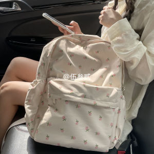 Fresh Floral Student Travel Backpack Double Shoulder Bag Korean Style Polyester Waterproof Soft Plant Patterned Casual Leisure