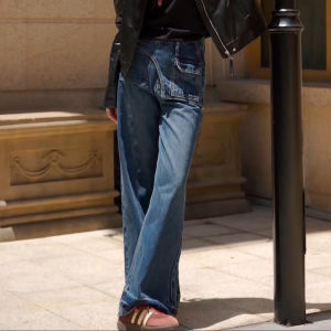 High Waist Straight Leg Denim Jeans Womens Draping Wide Leg Pants Autumn 2025 New Style Asymmetric Knife Edge Long Pants