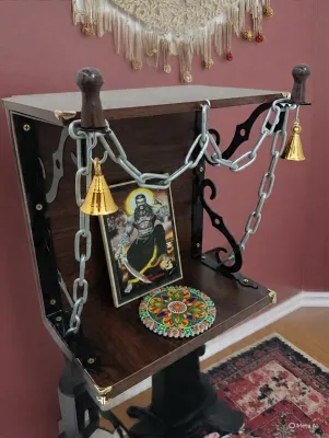 Wall hanging prayer altar Saami MEDAI. new sleek design. wall hanging and table top design. with brass bells sangli (metal chain) ceramic lamp holder coaster. size H31cm x w18cm x L30cm.