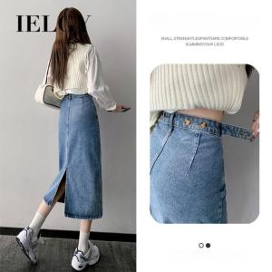 Ielgy váy denim hở eo nhiều nút cho nữ cạp cao dáng ôm dài vừa