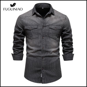 FUGUINIAO ชายเสื้อแขนยาวผู้ชาย Casual Slim เกาหลีล้าง Distressed ลาย Denim เสื้อ