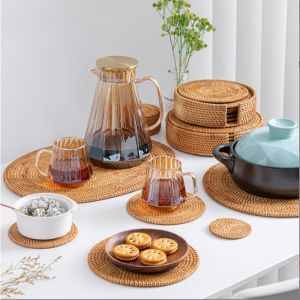 【BHQ&HOME】แผ่นรองแก้ว หวาย ชุดน้ําชา กันความร้อน สไตล์วินเทจ