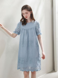 Miccbeirn | Elegant Pure Flax Embroidered Dress French Sweet Small Bubble Sleeve Midi Slimming Draping Fairy Skirt Summer Short Sleeve Round Neck