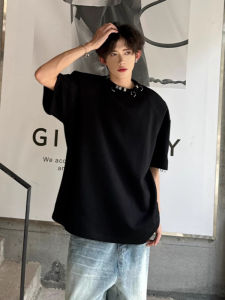 American High Street Style Mens T-Shirt Shoulder Pads Casual Short Sleeve Metal Buckle Summer Trend Brand Small Collar Heavyweight