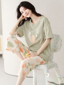 MiiOW | Bộ đồ ngủ cotton nguyên chất mùa hè cho nữ tay ngắn quần dài đến đầu gối mỏng mặc ở nhà có thể mặc ngoài trời