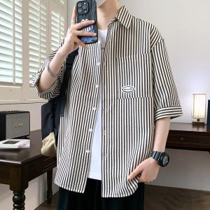 Summer Thin Stripe Short Sleeve Mens Casual Loose Fit Shirt Breathable Polyester Fiber Home Campus Daily Commuting Shopping