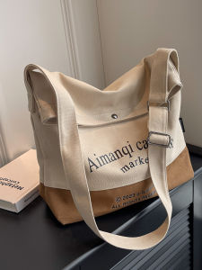 American Retro Canvas Tote Bag Women Large Capacity Shoulder Crossbody Bucket Bag Leisure Pure Color Magnetic Buckle Closure