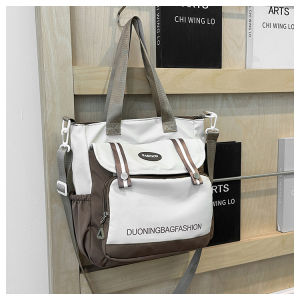 Large Capacity Canvas Shoulder Bag for Students Color Block Casual Crossbody Book Tote Bag Sweet College Style Zipper Closure