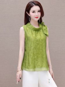 MAIMEI | Casual Sleeveless Tie Collar Shirt Green