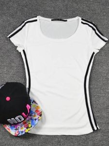 Áo Thun Cotton Lycra Tay Ngắn Màu Trắng Mùa Hè Mỏng Ôm Vừa Vặn Cổ Tròn Sọc Ba Đường Áo Thun Nữ Thời Trang Công Sở