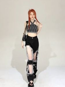 MTTM Quần jean rách quần ống rộng suông cạp cao Quần bò kéo quần MTM1118