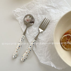 Stainless Steel Ceramic Handle Fork Spoon Set Dinnerware Service for Dessert Rock Pattern Western Cutlery Sweet Spoon