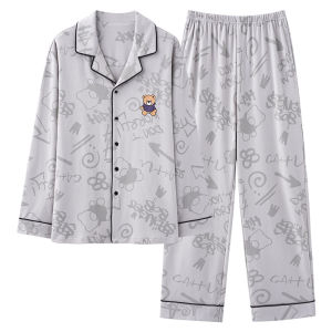 Miiow | Mens Pure Cotton Long Sleeve Sleepwear Cardigan Home Clothes Spring Autumn Style Casual Comfortable Breathable Pocket Design