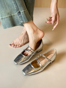 Silver Mary Jane Shoes Womens Medium Block Heel Slip-On Single Strap French Style Fashionable Leather Shoes Spring Autumn