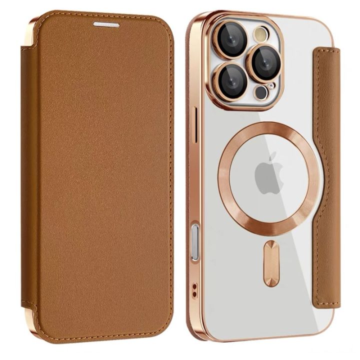 HEXDRAGON Electroplated Magnetic Built-in Card Slot Leather Folio Soft  Transparent Phone Case for Apple IPhone 14 Pro Max 14 12 Promax 13 Pro Max  12