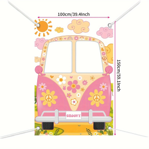 Retro Hippie Bus Photo Prop Pink Groovy Van with Peace Flowers and Sun Design for Groovy Party and Photo Booth