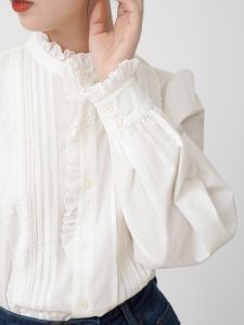 French Style Puff Sleeves White Shirt Womens Spring New Arrival Lace Stand Collar Stylish Niche Style Organ Pleated Elegant Tops