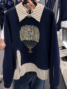 Autumn 2025 Womens Long Sleeve Balloon Sweater Rhinestone Heat Balloon Design Casual Fashionable Versatile Split Sweatshirt