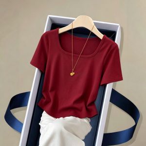 Square Collar Loose Slimming Stylish T-Shirt Red