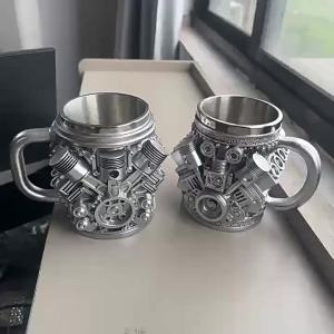 XMSJ | V8/V6 Engine Stainless Steel Cup 3D Piston Coffee Mug Barbecue Beer Stein Tea Cups Creative Mechanic Gifts For Car Lovers Men