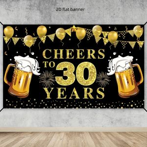 Black Gold 30th Birthday Photo Backdrop Glitter Beer Cup & Confetti Banner for Men Women Thirty Birthday Party Decor Supplies