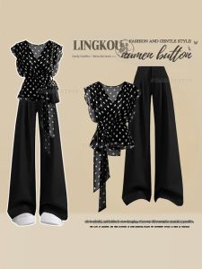 NUMEN BUTTON | Elegant Stylish Dots Top & High Waist Wide Leg Pants Set