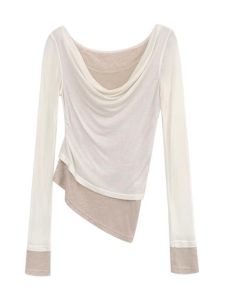 Comfortable Long Sleeve Silk Wool T-Shirt Womens Slimming Top Fashionable Commute Style Regular Length One-Shoulder Design