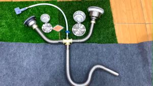 Bộ xả chậu rửa chén đôi inox 304 KAG-BXC35 chậu 1 to 1 nhỏ bộ ống thoát bồn rửa bát  2 hố D140 và D110 chất liệu SUS304 dễ vệ sinh siêu bền sử dụng tốt