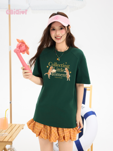 Gbiaior | College Style Olive Green Cute Print Loose Tee