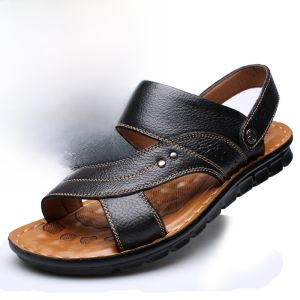 SHIPAILUO | Mens Summer Sandals Breathable Leather Beach Shoes Casual Dad Slip-On Anti-Slip Fashionable Slippers Comfortable Soft Sole