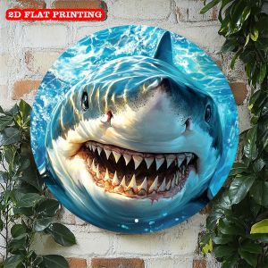 1pc Fierce Shark Round Aluminum Sign - Vintage Ocean-Themed Wall Decor for Home Living Room Garden