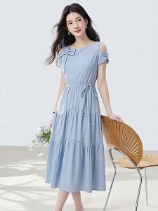 La Chapelle | Đầm Dây Nơ Trễ Vai Đẹp Cho Phụ Nữ Mùa Hè Định Nghĩa Eo Nhỏ Bông Cotton Mid-length
