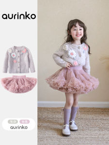 Girls Autumn Winter Knitted Sweater Coat Little Princess Fashionable Korean Style Cotton Polyester Blend Long Sleeve round Neck Single Button Closure Solid Color