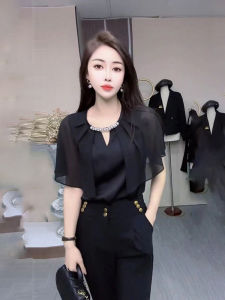 Fashionable European Short Sleeve Chiffon Top Women Summer Loose plus Size Slimming T-Shirt Casual Versatile Belly Covering Shirt