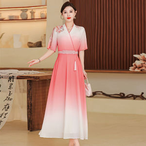 High-End Foot Bath Beauty Salon Uniform Womens Work Dress Elegant A-Line Skirt Short Sleeve V-Neck Zipper High Waist Gradual Color