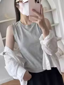 Áo Vest Không Tay Cổ Tròn Màu Trơn Cổ Điển Mỹ Dành Cho Nữ Áo Lót Bên Trong Che Đi Mỡ Thừa Mặc Thoải Mái Chất Liệu Cotton Pha Trộn