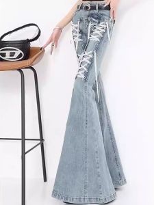 Korean Style Summer Design Lace Splicing Micro Flared Denim Pants Women High Waist Asymmetric Casual Vintage Blue Jeans