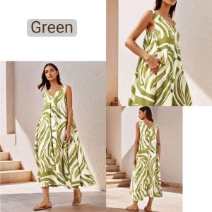 DaVee | A-line Sleeveless Linen Blend Maxi Dress green floral pattern A-line drees Mocha colour drees