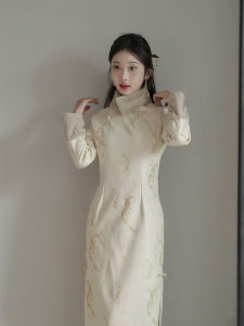 New Chinese Style Suede Flag Robe Thickened Winter Fashion Young Model Daily Use Warmth Collar Small Size Floral Patterned