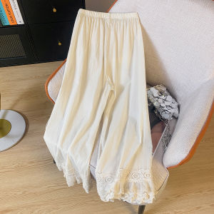 Retro Style Lace Trim Cotton Linen Wide Leg Pants Women Summer Elastic Waist Large Size Loose Casual Thin Nine Points Skirt
