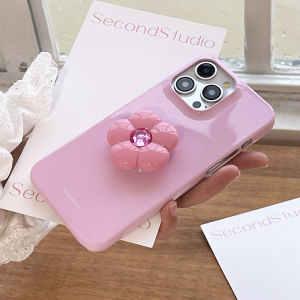 เคสโทรศัพท์แบบฝังน้ำแข็งสีชมพูสไตล์เกาหลีพร้อมขาตั้งดอกไม้สีสันสดใสสำหรับ iPhone 17 16 pro Max 15 pro 14 แบบแข็งสีขาวบริสุทธิ์