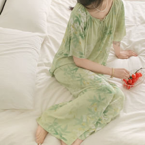 Yolo vải bông kiểu Trung Quốc Mới Pijama lụa nữ mùa hè cổ tích mùa xuân và mùa hè phong cách quốc gia mới cải tiến Hanfu ngắn tay cotton lụa nhà quần áo phù hợp với