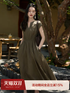 Xhange Summer Simple Linen Comfortable Slimming Waist Dress A-Line Skirt U-Neckline Mid-Length OL Style 40-49 Years Old